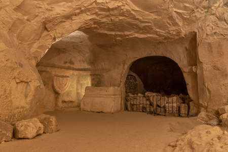 Mother of all menorahs and sarcophagus in the Cave of the Coffins at Bet She'arim in Kiryat Tivon, Israelの写真素材