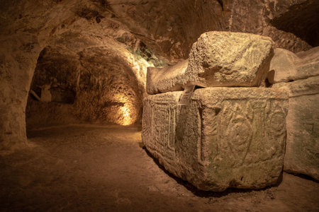 Sarcophagus of the Gate in the Cave of the Coffins at Bet She'arim in Kiryat Tivon, Israelの写真素材