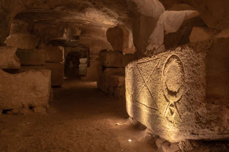 Carved sarcophagus with beautiful designs in the Cave of the Coffins at Bet She'arim in Kiryat...
