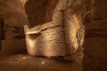 Carved sarcophagus with beautiful designs in the Cave of the Coffins at Bet She'arim in Kiryat Tivon, Israelの写真素材