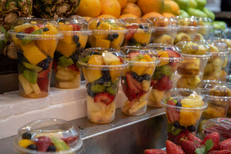 Glasses with fresh cut up fruits at Mahane Yehuda Market in Jerusalem, Israel.の写真素材