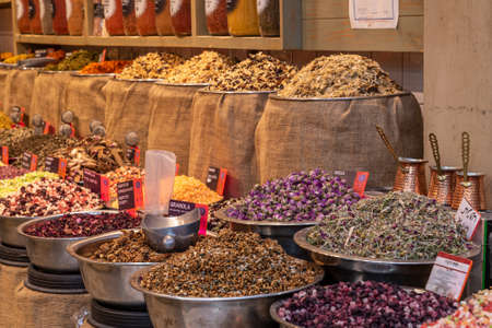Dry ingredients for many kinds of  herbal tea infusions at Mahane Yehuda market in Jerusalem, Israel
