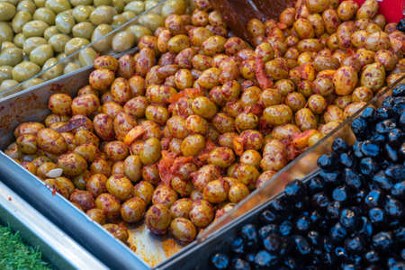 Spicy olives sold at Mahane Yehuda Market in Jerusalem, Israelの写真素材