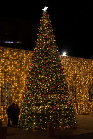 Haifa, Israel 12-06-2021 Giant Christmas tree at St Elias Cathedral of the Melkite Catholic decorated for Christmas in Haifa, Israel. Greek Orthodox Churchのeditorial素材