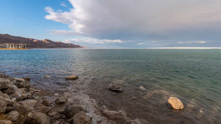 Panorama of the brilliant colors of the Dead Sea and the clouds on a Winter's day in Israel.の写真素材