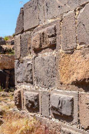 Close up of basalt and stone wall at Kohav Hayarden National Park in Israelの写真素材