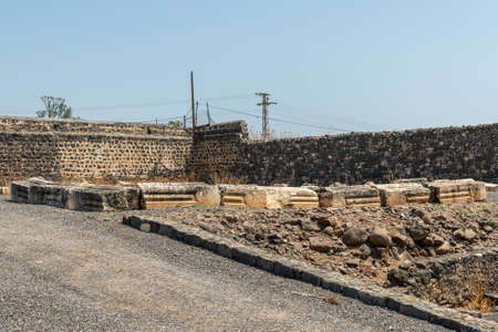 Variety of carved architectural features from the ruins at Capernaum, Kfar Nahum, Capharnaum in Israelの写真素材