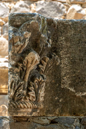 Close up of carved architectural feature at the ruins of Capernaum in Israel other names Kfar Nahum or Capharnaum.の写真素材