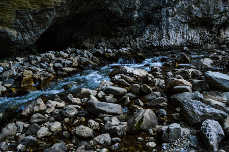 Pristine natural landscape with River flowing freely through the eroded rocks in the Sohodol Gorges(Cheile Sohodolului), in Gorj county Romaniaの写真素材