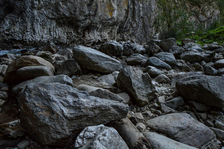Pristine natural landscape with River flowing freely through the eroded rocks in the Sohodol Gorges(Cheile Sohodolului), in Gorj county Romaniaの写真素材