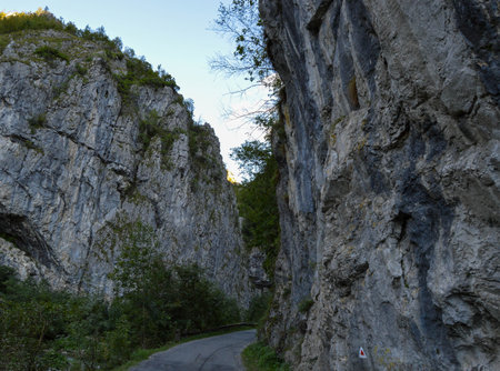 Pristine natural landscape with River flowing freely through the eroded rocks in the Sohodol Gorges(Cheile Sohodolului), in Gorj county Romaniaの写真素材