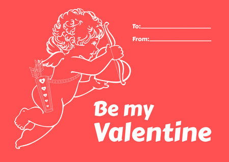 Simple "Be my Valentine" card with Cupid for crush or lover, pink Valentine's Day greeting postcard with text message for lovely coupleの写真素材