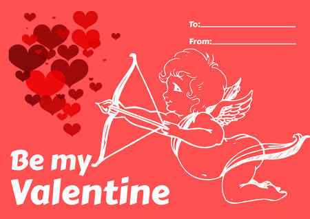 Simple "Be my Valentine" card with Cupid for crush or lover, pink Valentine's Day greeting postcard with text message for lovely coupleの写真素材