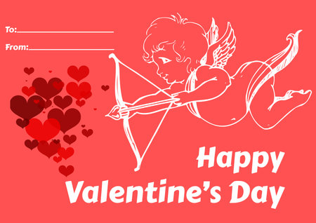 Simple "Happy Valentine's Day" card with Cupid for crush or lover, pink Valentine holiday greeting postcard with text message for lovely coupleの写真素材