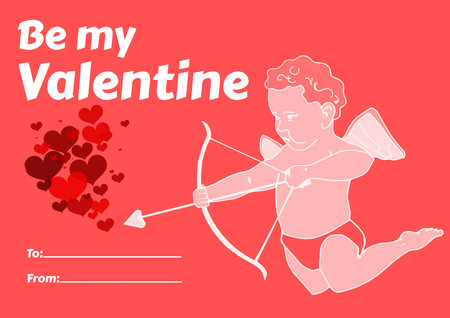 Simple "Be my Valentine" card with Cupid for crush or lover, pink Valentine's Day greeting postcard with text message for lovely coupleの写真素材