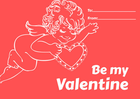 Simple "Be my Valentine" card with Cupid for crush or lover, pink Valentine's Day greeting postcard with text message for lovely coupleの写真素材