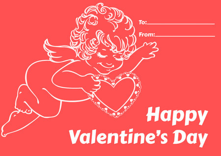 Simple "Happy Valentine's Day" card with Cupid for crush or lover, pink Valentine holiday greeting postcard with text message for lovely coupleの写真素材