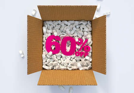 Cardboard Box with shipping peanuts and 60 percent off signの写真素材
