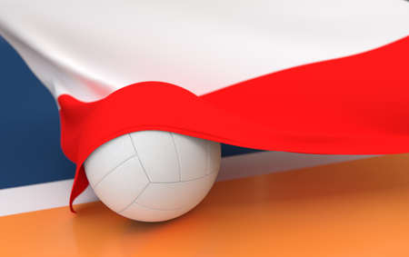 Flag of Poland with championship volleyball ball on volleyball courtの写真素材
