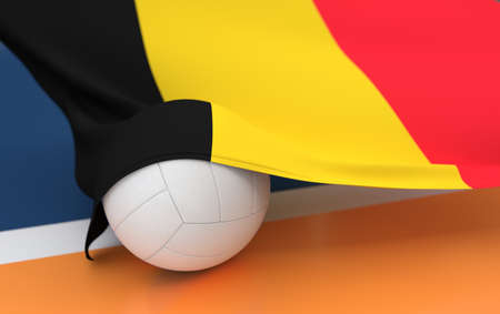 Flag of Belgium with championship volleyball ball on volleyball courtの写真素材
