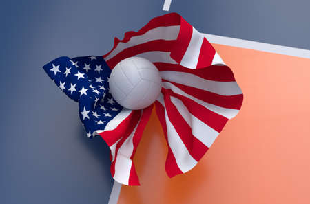 Flag of USA with championship volleyball ball on volleyball courtの写真素材