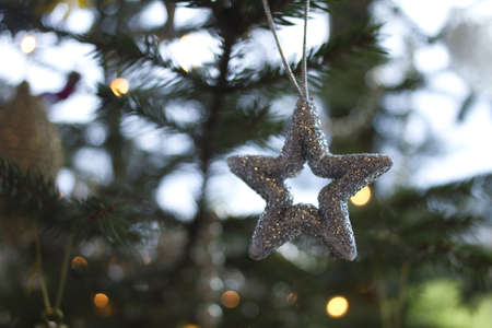 Christmas, silver star on christmas tree branch, lights hanging in a treeの写真素材