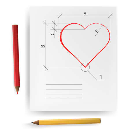 A white sheet of paper with a heart pattern and building size on a white background. Valentine's Day. Pencils.のイラスト素材