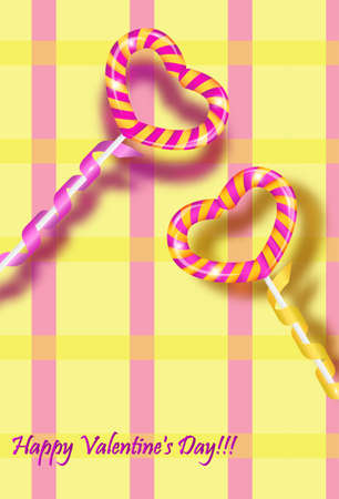 Postcard for Valentine's Day. Lollipops in the shape of a heart on a stick on the background with checkered pattern.のイラスト素材