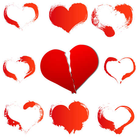 Big red broken heart with set of a grunge hearts on white isolated backgroundのイラスト素材