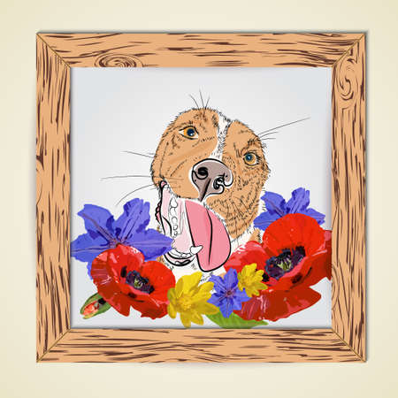 Hand drawb red dog smile with flowers on a wooden frame.のイラスト素材