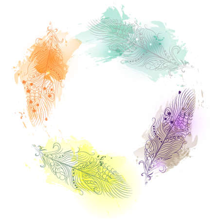 Feathers painted on watercolors background. Watercolor color beautiful feathers. Abstract background with feathersのイラスト素材