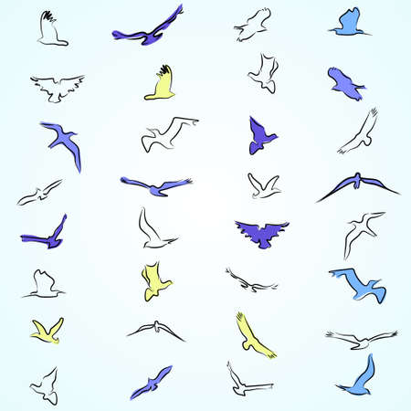 A set of painted birds on a bright background. Simple drawing. Outline of birds, painted birds.のイラスト素材