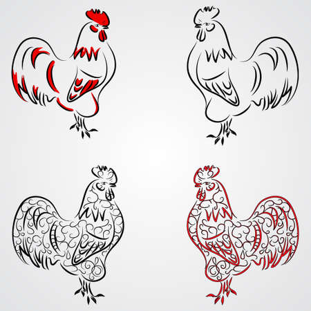 Vector illustration of animal - Rooster. Set of rooster varians in ethnic style.のイラスト素材