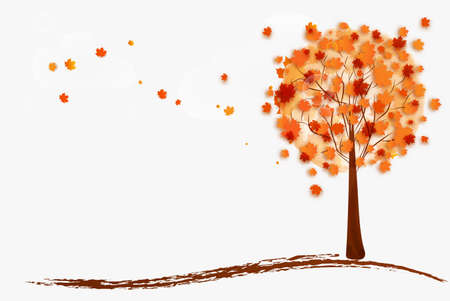 Autumn background with a tree and flying maple leavesのイラスト素材