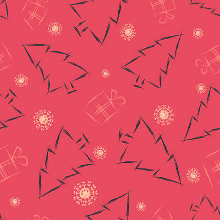 New Year pine and gift box . Christmas seamless pattern