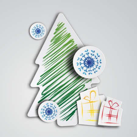 Christmas background in paper style. Colored Christmas tree, snowflakes and gift boxes in paper style.のイラスト素材