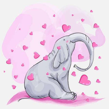 Cute pink elephant and hearts. Valentines day illustration. Elelphant in loveのイラスト素材