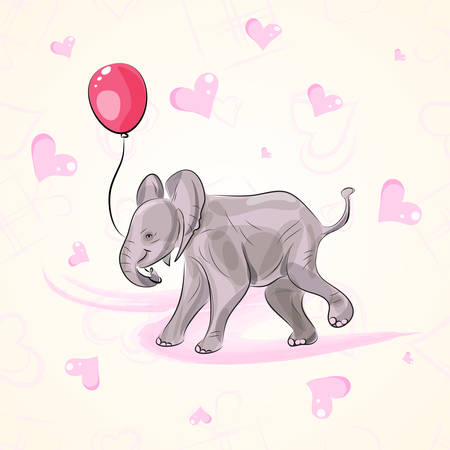 Cute pink elephant holding balloonsのイラスト素材
