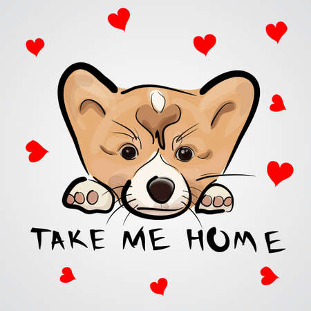 Card with cute cartoon dog breed Welsh Corgi Pembroke.のイラスト素材