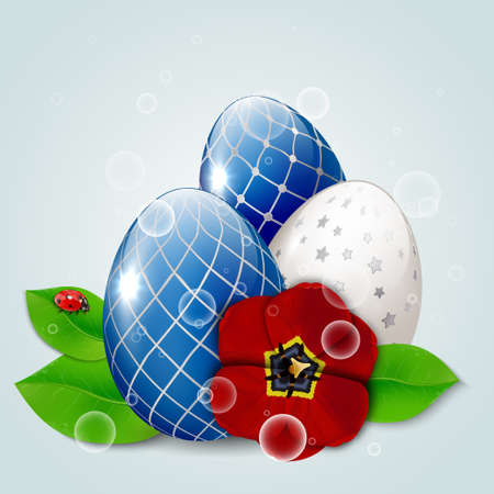Easter eggs with green leaves, tulip and ladybugsのイラスト素材