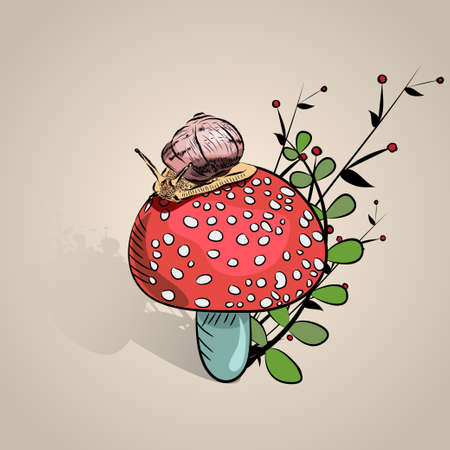 Big snail on mushroom. Cute snail , autumn. baby illustration.のイラスト素材