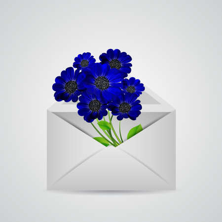 Envelope with a bouquet of blue flowers inside.のイラスト素材