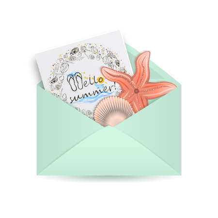 Postal Envelopes With Greeting Card, shell and sea star. Vector Illustration. Eps 10のイラスト素材