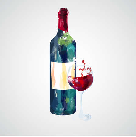 vector hand drawn illustration of bottle and glass of red wineのイラスト素材