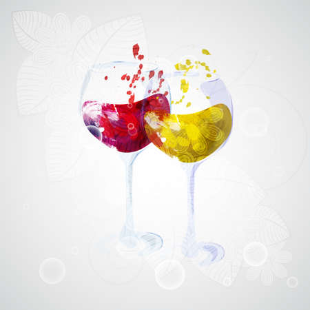 Two wine glasses with red and white wine. Ready to apply to your design. Vector illustration.のイラスト素材