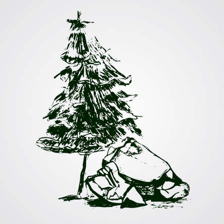 Outdoor Art Hand drawn nature pines cones mountains landscape black and white vector illustration boardのイラスト素材