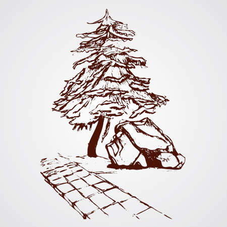 Outdoor Art Hand drawn nature pines cones mountains landscape black and white vector illustration boardのイラスト素材