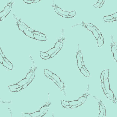 Seamless pattern grey hand-drawn feathers on a blue backgroundのイラスト素材