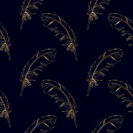 Seamless pattern golden hand-drawn feathers on a dark backgroundのイラスト素材