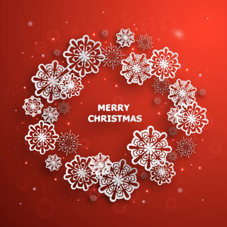 Red Christmas background with paper snowflakes and textのイラスト素材